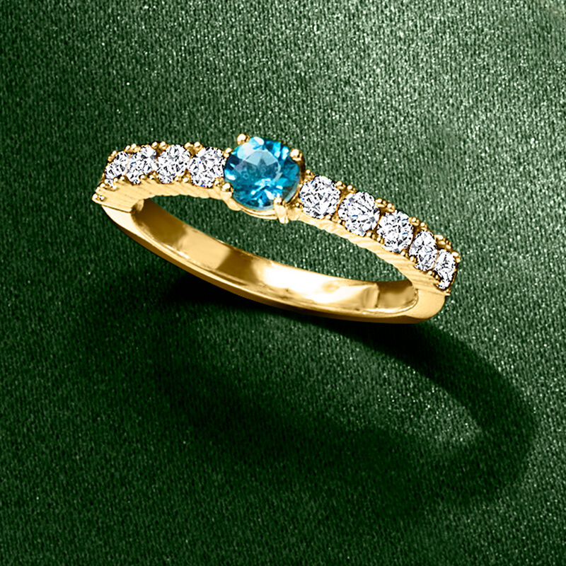 .30 Carat London Blue Topaz and .50 ct. t.w. Moissanite Ring in 18kt Gold Over Sterling image number 3