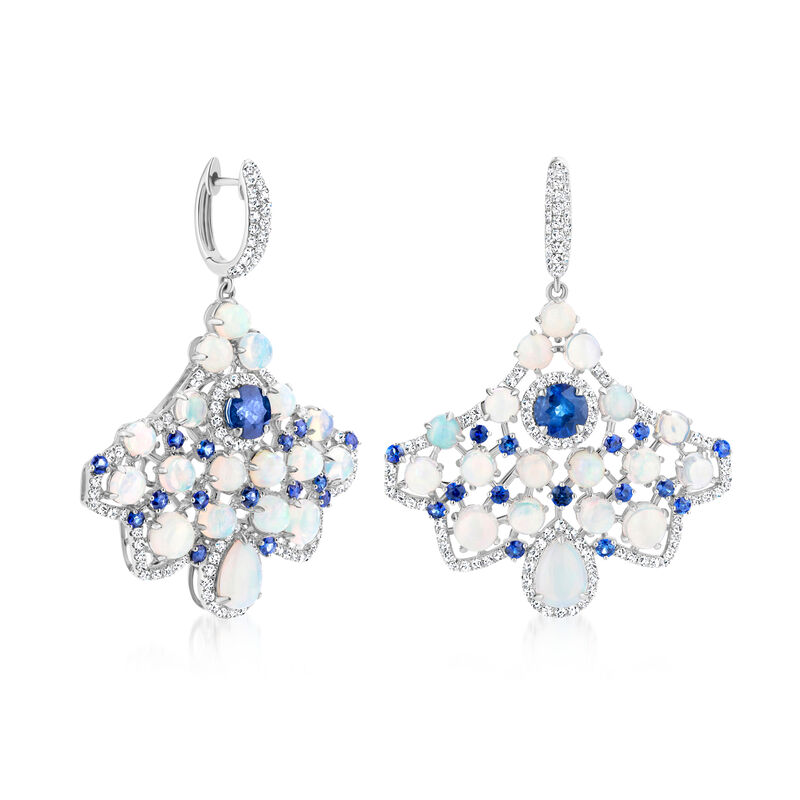 Opal, 3.50 ct. t.w. Sapphire and 1.80 ct. t.w. Diamond Chandelier Earrings in 18kt White Gold image number 1