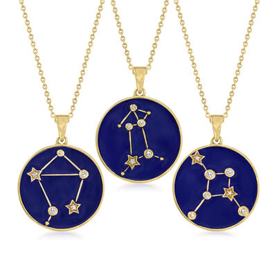White Zircon and Blue Enamel Zodiac Constellation Pendant Necklace in 18kt Gold Over Sterling