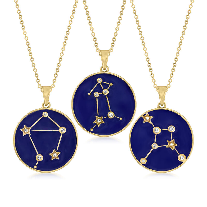 White Zircon and Blue Enamel Zodiac Constellation Pendant Necklace in 18kt Gold Over Sterling image number 0