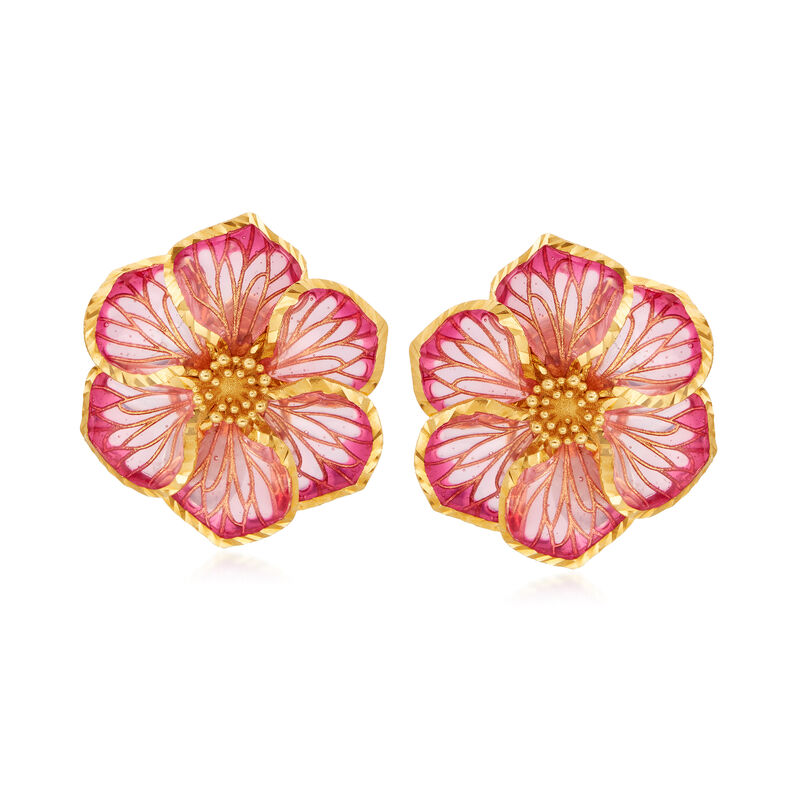 Italian Pink Enamel Flower Earrings in 18kt Gold Over Sterling image number 0