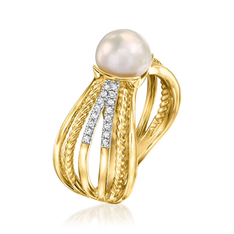 7.5-8mm Cultured Pearl Multi-Row Ring with .11 ct. t.w. Diamonds in 18kt Gold Over Sterling image number 2
