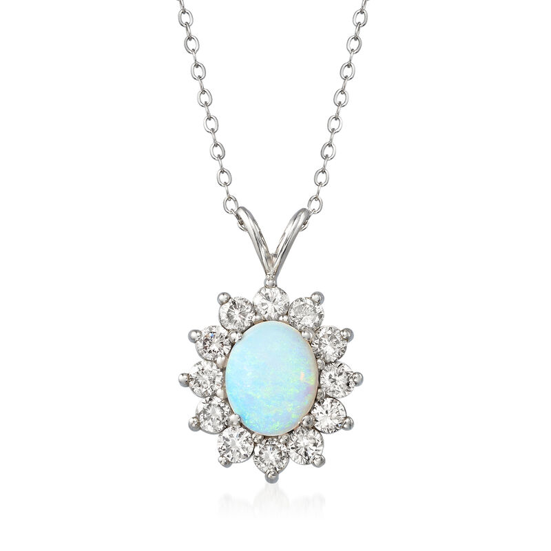 C. 1980 Vintage 10.5x8.5mm Opal and 1.50 ct. t.w. Diamond Pendant Necklace in 14kt White Gold. 16&quot; image number 1