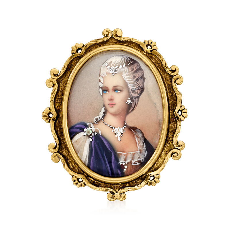 C. 1930 Vintage Painted Portrait Pin with Enamel, Diamonds and Emeralds in 18kt Yellow Gold  image number 0