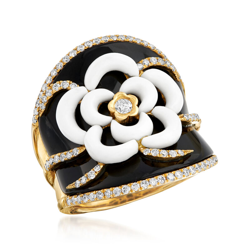 Black Onyx, White Agate and .70 ct. t.w. Diamond Flower Ring in 18kt Yellow Gold image number 3