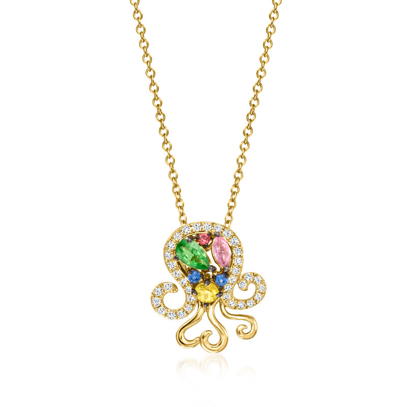 C. 2000 Vintage Effy .50 ct. t.w. Multicolored Sapphire Octopus Necklace with .28 ct. t.w. Diamonds in 14kt Yellow Gold. 16" image number 0