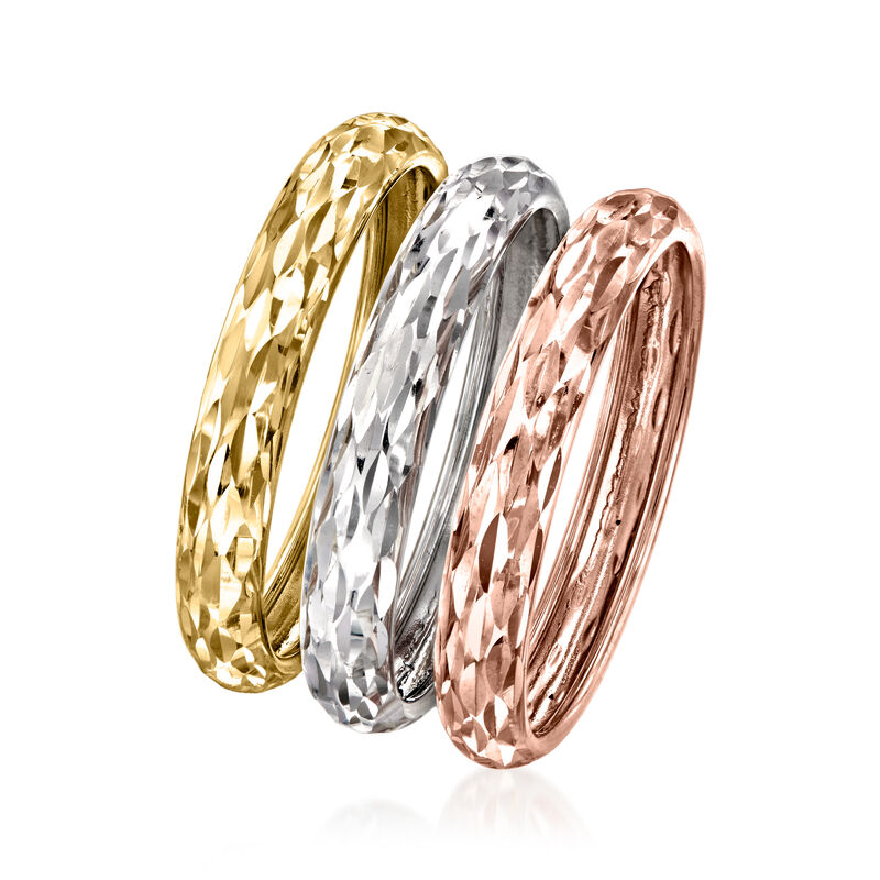 Italian 14kt Tri-Colored Gold Jewelry Set: Three Diamond-Cut Rings image number 2