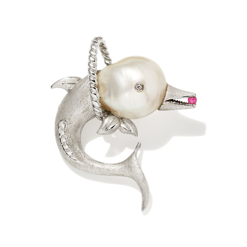 C. 1980 Vintage South Sea Pearl Dolphin Pin with Diamond and Ruby Accents in 18kt White Gold image number 3