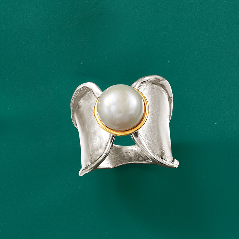 9.5-10mm Bezel-Set Cultured Pearl Ring in Sterling and 14kt Gold image number 4