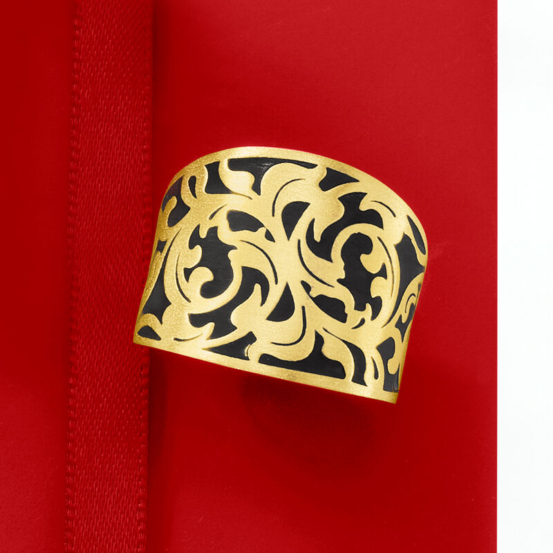 Italian Black Enamel and 14kt Yellow Gold Scrollwork Ring image number 4