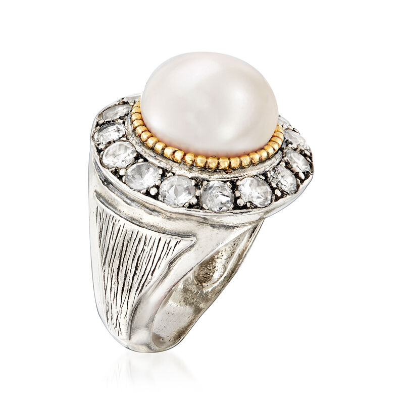 11-12mm Cultured Pearl and 1.90 ct. t.w. White Topaz Ring in Sterling Silver and 14kt Yellow Gold image number 2