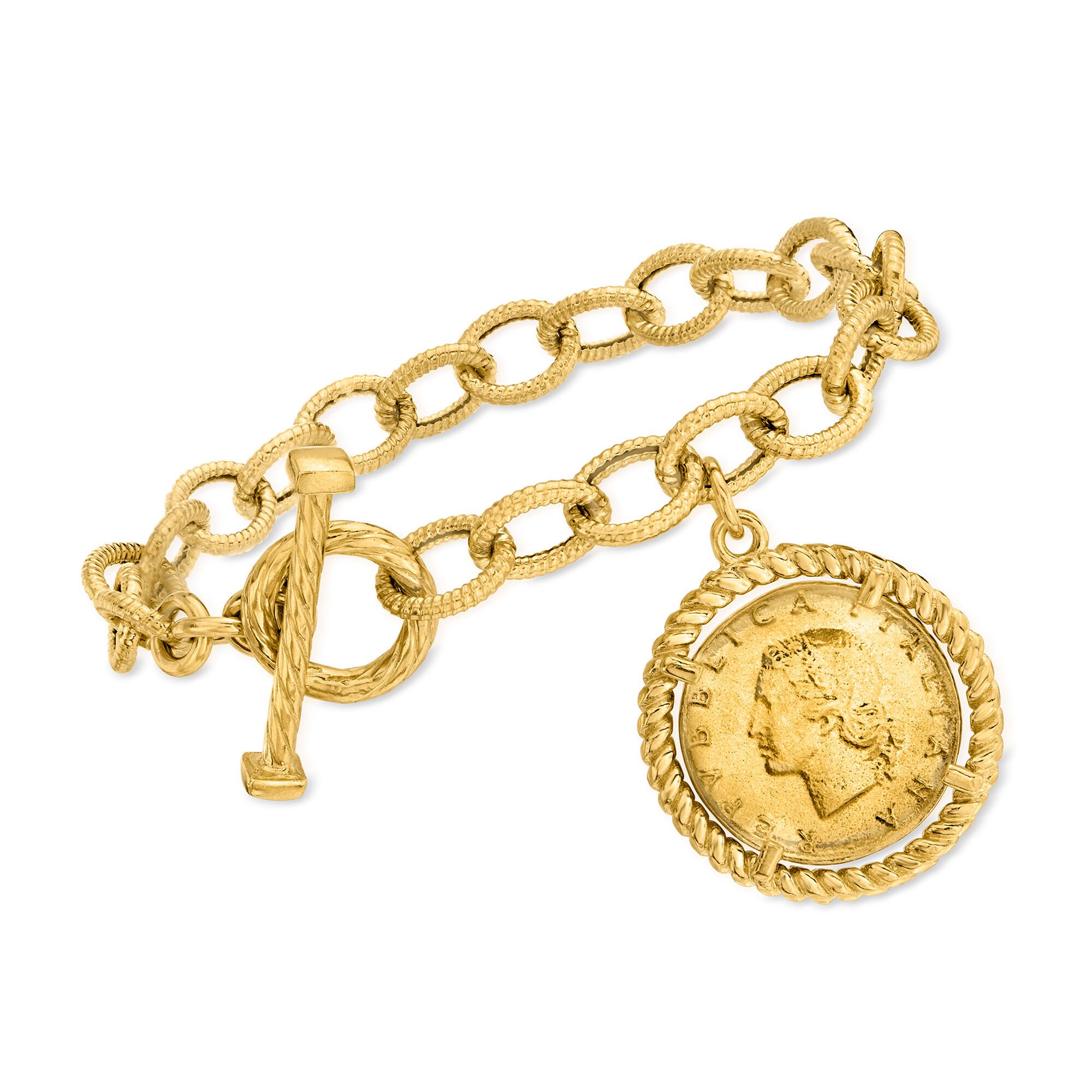Italian 18kt Gold Over Sterling Replica Lira Coin and Oval-Link