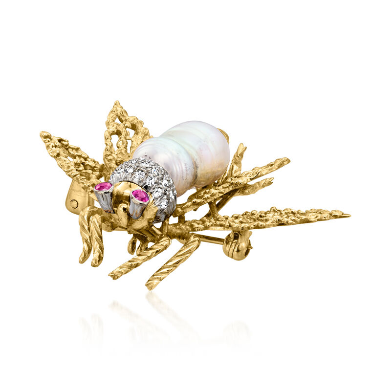 C. 1970 Vintage 15x9mm Cultured Baroque Pearl and .40 ct. t.w. Diamond Bumblebee Pin with .10 ct. t.w. Rubies in 14kt Yellow Gold image number 2