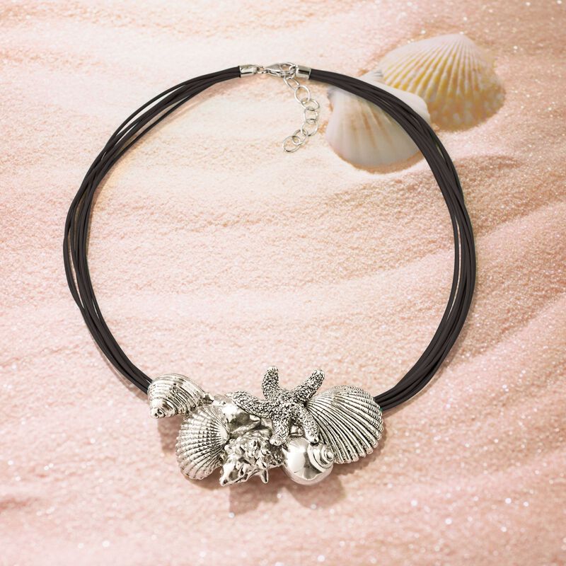 Sterling Silver Over Resin Starfish and Seashells Necklace with Black Leather. 18&quot; image number 4