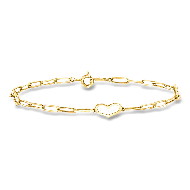 Italian 10kt Yellow Gold Paper Clip Link Heart Station Bracelet image number 0