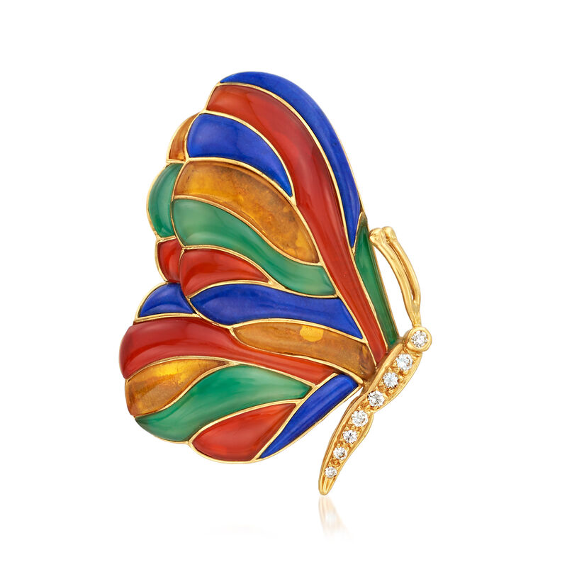 C. 1970 Vintage Multi-Gemstone Inlay Butterfly Pin with .16 ct. t.w. Diamond  in 18kt Yellow Gold image number 0