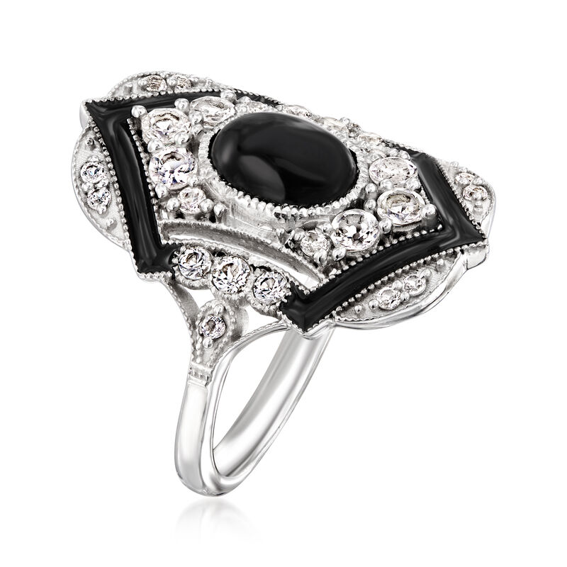 Onyx and 1.30 ct. t.w. White Zircon Ring with Black Enamel in Sterling Silver image number 2
