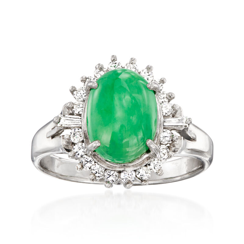 C. 1990 Vintage Jade and .30 ct. t.w. Diamond Ring in Platinum. Size 5 image number 0