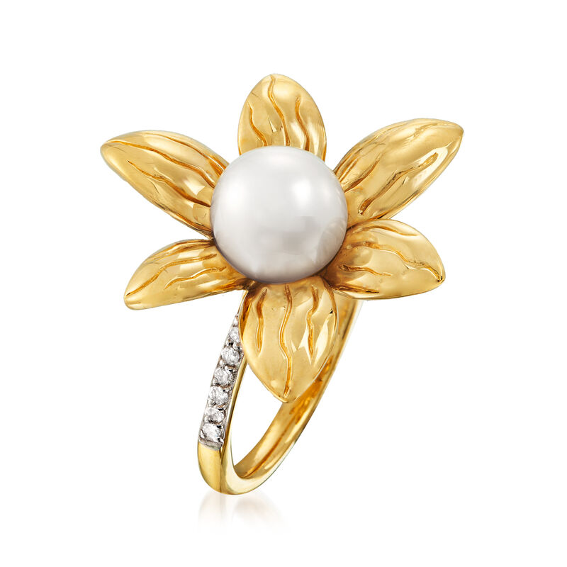 Cultured Pearl and .10 ct. t.w. Diamond Flower Ring in 18kt Gold Over Sterling image number 2