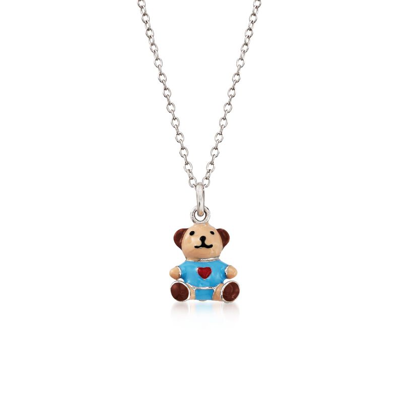 Child's Multicolored Enamel Teddy Bear Pendant Necklace in Sterling Silver image number 0