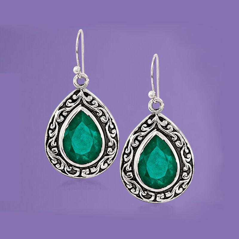 11.00 ct. t.w. Emerald Scroll Drop Earrings in Sterling Silver image number 2