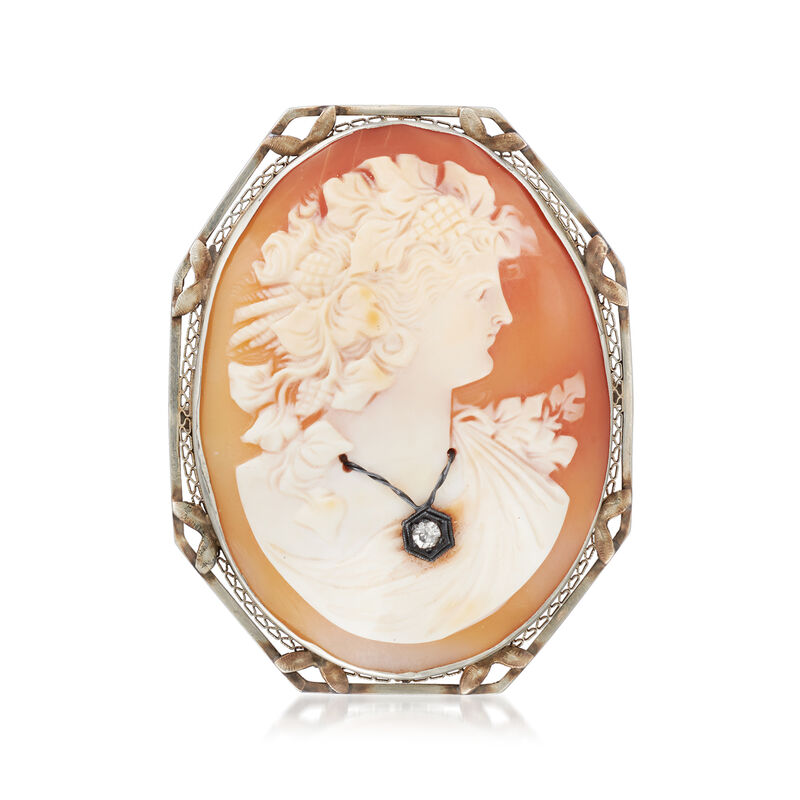 C. 1950 Vintage Orange Shell Cameo Pin/Pendant in 14kt White Gold image number 3