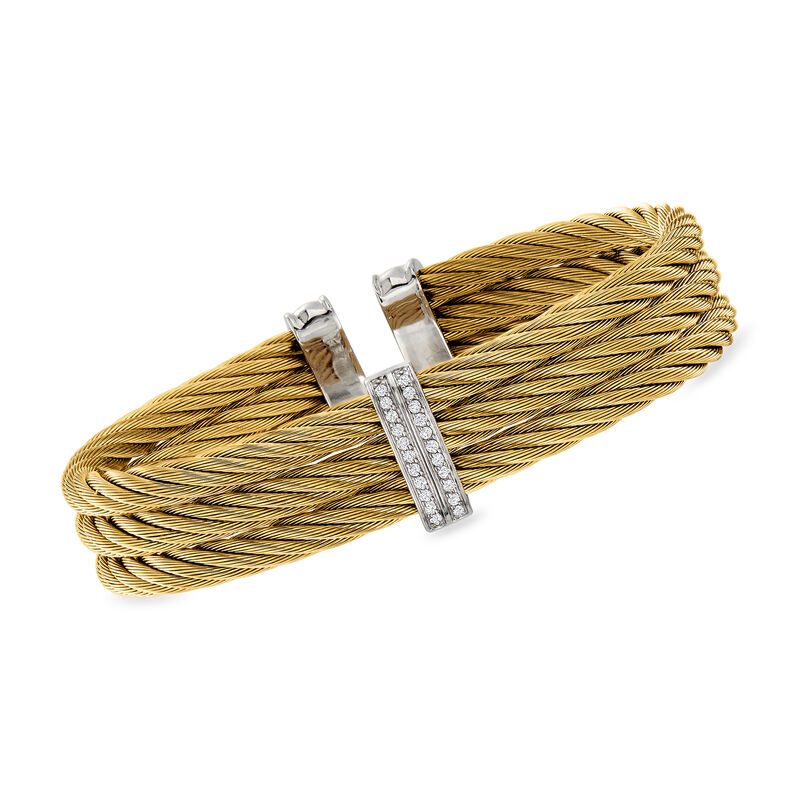 ALOR .18 ct. t.w. Diamond and Yellow Stainless Steel Cable Cuff Bracelet with 18kt White Gold. 7&quot; image number 0