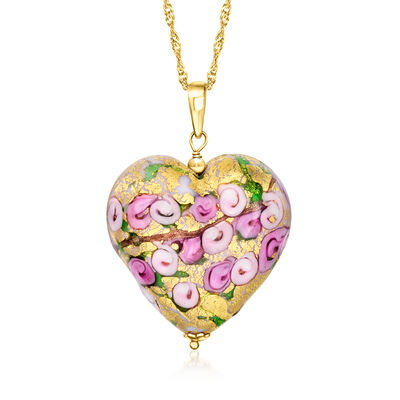 Italian Multicolored Murano Glass Rose Heart Adjustable Pendant Necklace in 18kt Gold Over Sterling