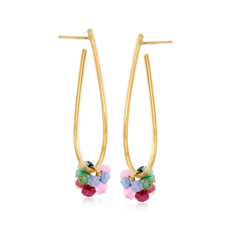 4.50 ct. t.w. Multi-Gemstone Front-Facing Hoop Earrings in 14kt Yellow Gold. 1 3/4&quot; image number 3