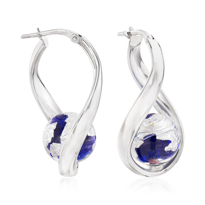 Italian Blue and Silvertone Murano Glass Bead Curved Hoop Earrings in Sterling Silver. 1 1/4&quot; image number 0
