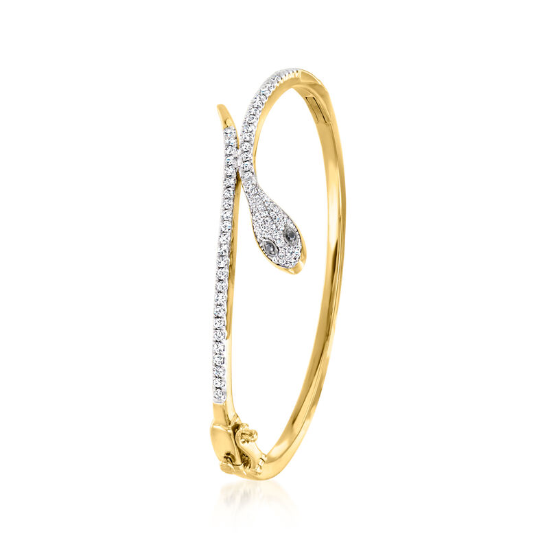 1.00 ct. t.w. Black and White Diamond Snake Bangle Bracelet in 18kt Gold Over Sterling. 7&quot; image number 2