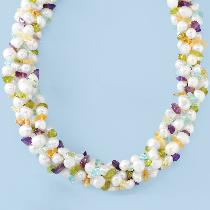 5-8mm Cultured Pearl and 105.00 Multi-Gemstone Torsade Necklace with Sterling Silver image number 3