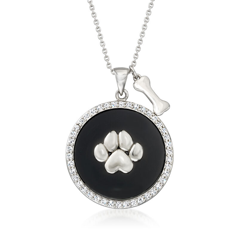 Black Onyx and .71 ct. t.w. White Topaz Paw Print Pendant Necklace in Sterling Silver image number 0