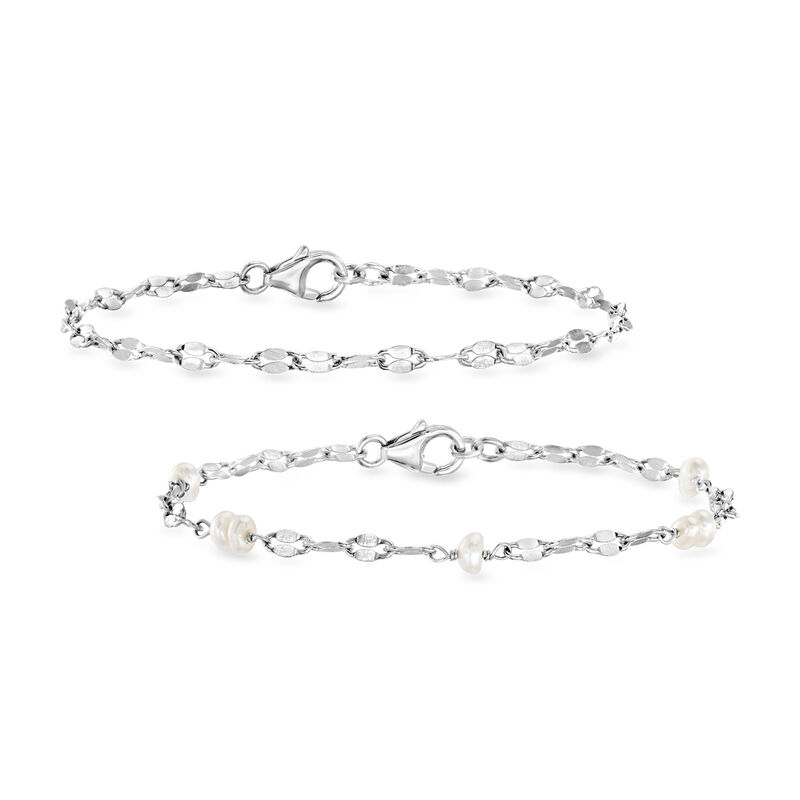 3-4mm Cultured Pearl and Sterling Silver Jewelry Set: Two Lumachina-Chain Bracelets. 7&quot; image number 0