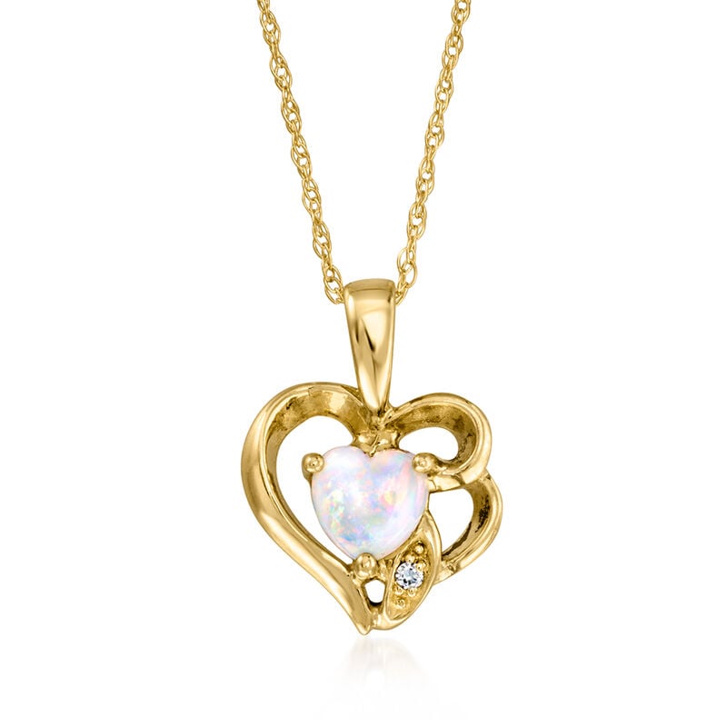 C. 1980 Vintage Opal Heart Pendant Necklace with Single Diamond in 14kt Yellow Gold. 18" image number 0