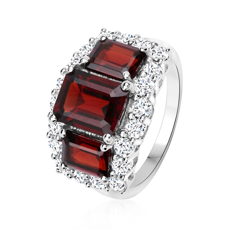 4.70 ct. t.w. Garnet Three-Stone Ring with 1.50 ct. t.w. White Topaz in Sterling Silver image number 1