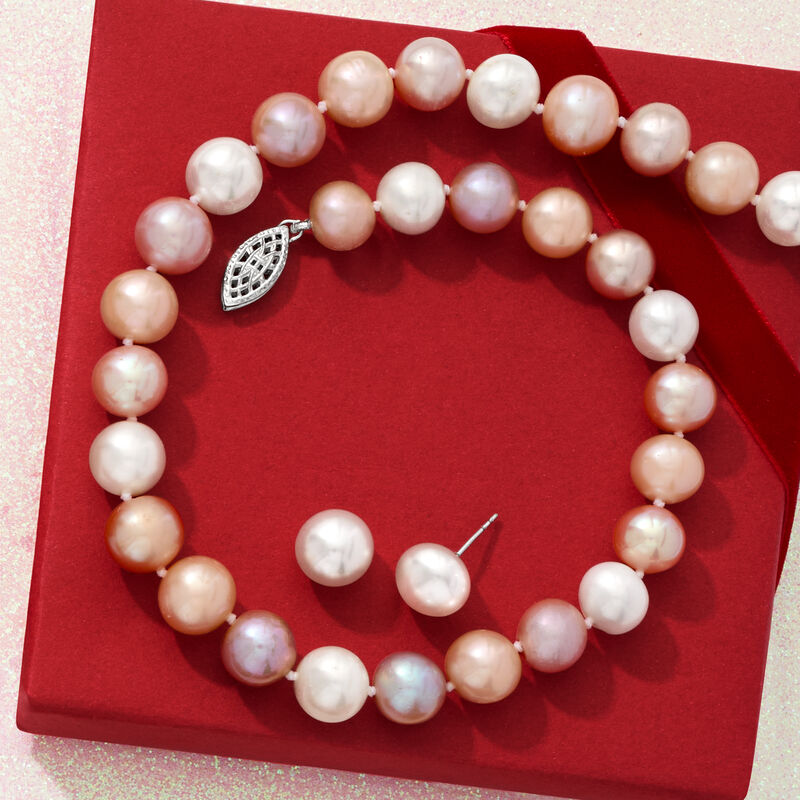 9-9.5mm Multicolored Cultured Pearl Jewelry Set: Necklace and Stud Earrings with Sterling Silver image number 5