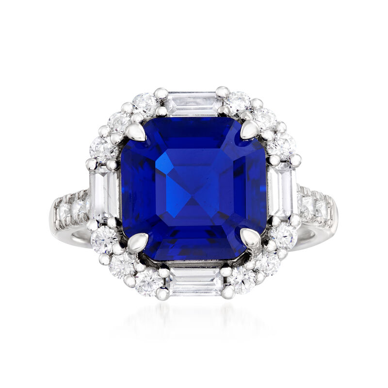 5.00 Carat Simulated Sapphire and 1.00 ct. t.w. CZ Ring in Sterling Silver image number 0