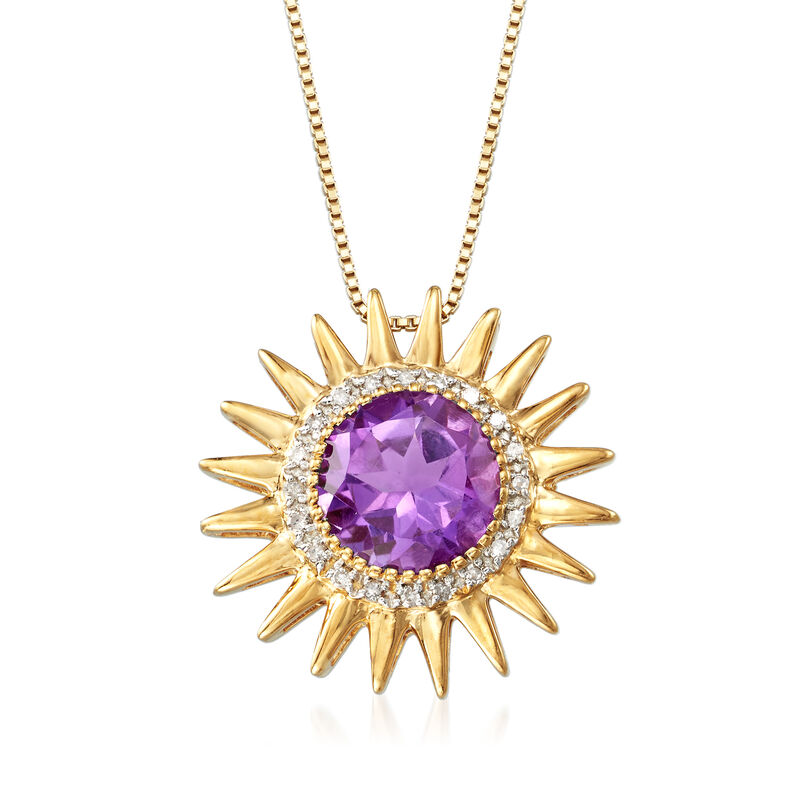2.50 Carat Amethyst and .10 ct. t.w. Diamond Sun Pendant Necklace in 18kt Gold Over Sterling. 18&quot; image number 1
