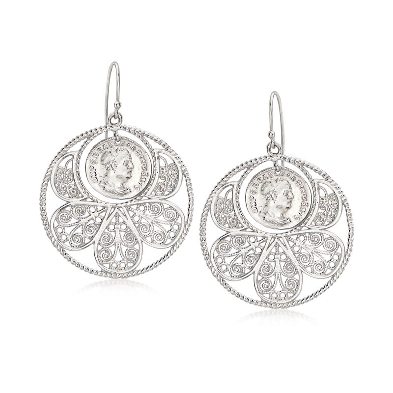 Sterling Silver Replica Roman Coin Filigree Drop Earrings image number 0