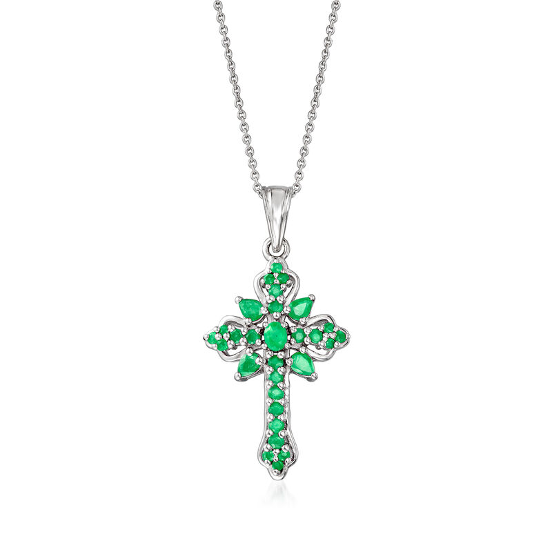 1.14 ct. t.w. Emerald Cross Pendant Necklace in Sterling Silver. 18&quot; image number 1