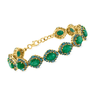 13.00 ct. t.w. Emerald and 7.10 ct. t.w. London Blue Topaz Bracelet in 18kt Gold Over Sterling