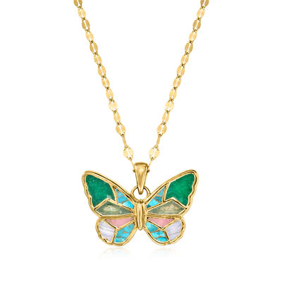 Multi-Gemstone Inlay Butterfly Pendant Necklace in 18kt Gold Over Sterling