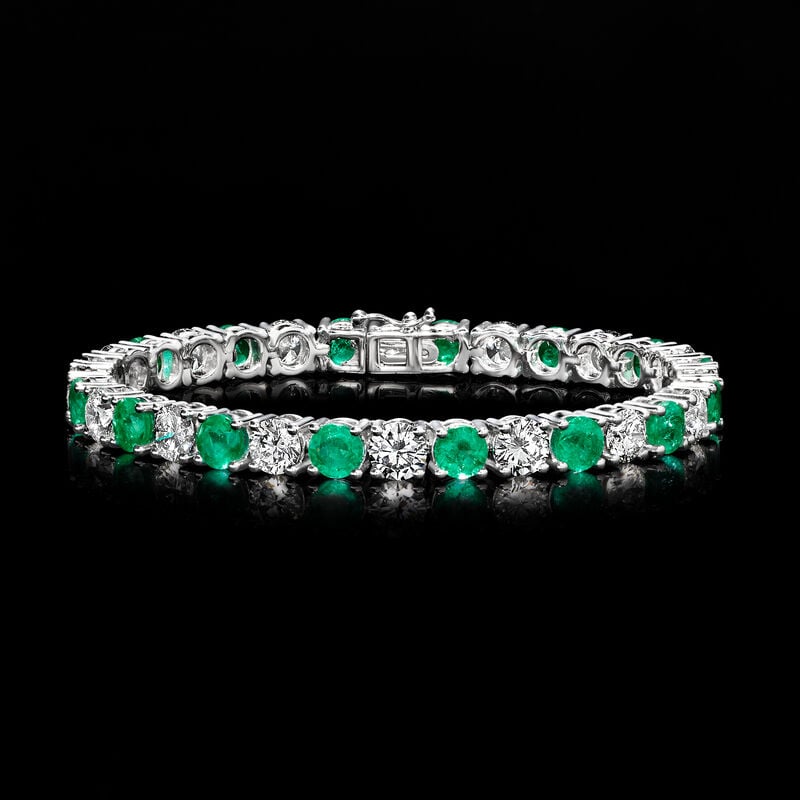 9.50 ct. t.w. Emerald and 10.00 ct. t.w. Lab-Grown Diamond Tennis Bracelet in 14kt White Gold. 7&quot; image number 2