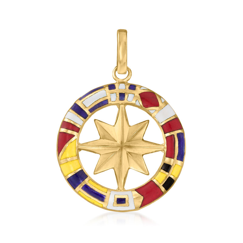 Italian Multicolored Enamel Nautical Compass Pendant with Maritime Flag Border in 14kt Yellow Gold image number 0