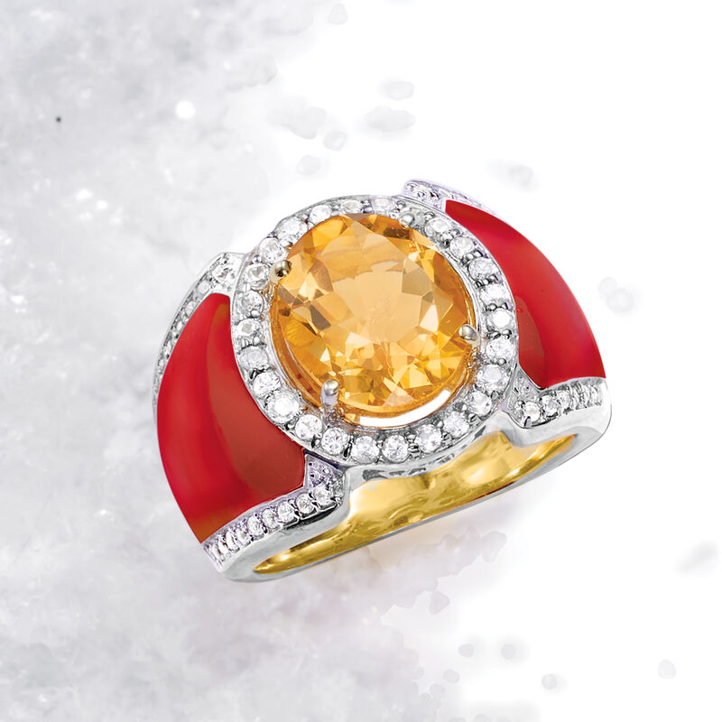 3.20 Carat Citrine and .30 ct. t.w. White Topaz Ring with Red Enamel in 18kt Gold Over Sterling image number 3