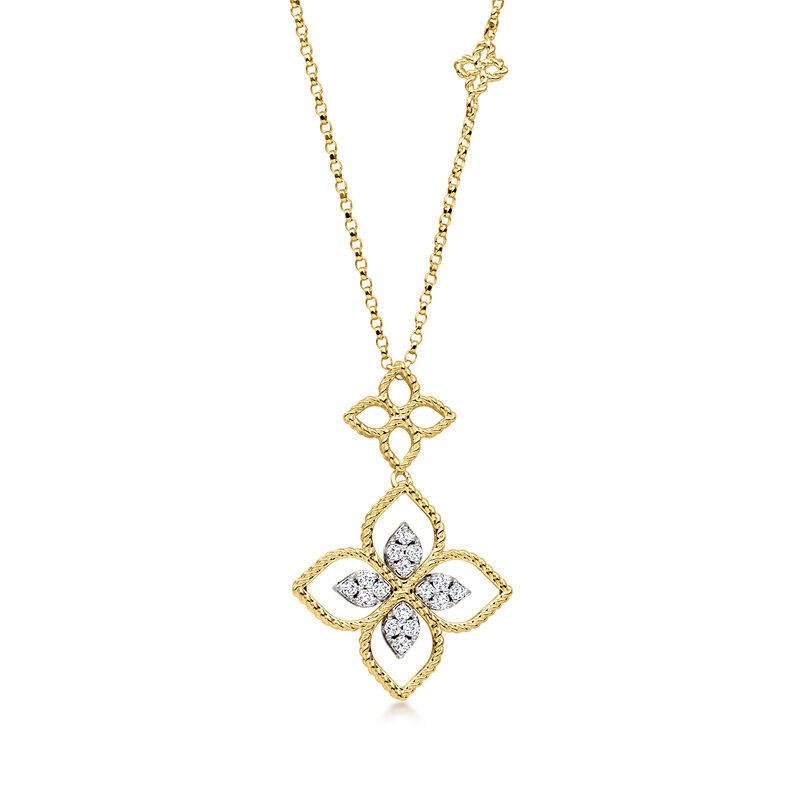 Roberto Coin "Princess Flower" .15 ct. t.w. Diamond Necklace in 18kt Two-Tone Gold. 15.5" image number 1