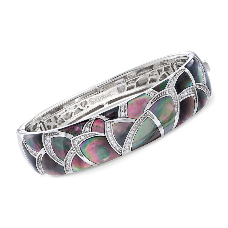 Belle Etoile &quot;Sirena&quot; Black Mother-Of-Pearl and .30 ct. t.w. CZ Bangle Bracelet in Sterling Silver. 7&quot; image number 0