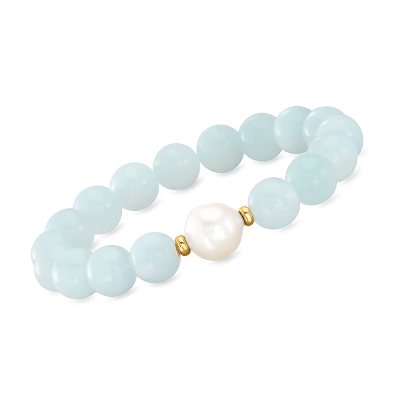 12-13mm Cultured Baroque Pearl and 140.00 ct. t.w. Aquamarine Bead Stretch Bracelet with 14kt Yellow Gold. Adjustable Size image number 0