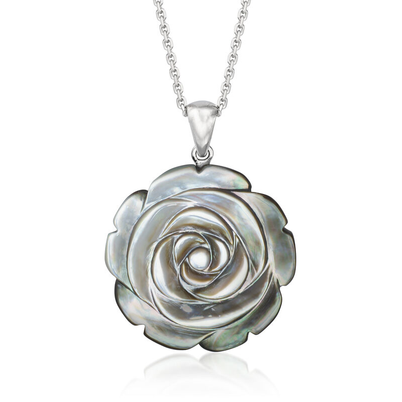 Carved Black Mother-of-Pearl Rose Pendant Necklace in Sterling Silver. 18" image number 1